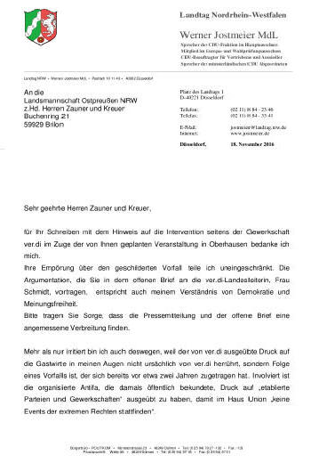 Stellungnahme von Werner Jostmeier (MdL NRW) zu diesem Vorgang. - Zur Vergrößerung anklicken!